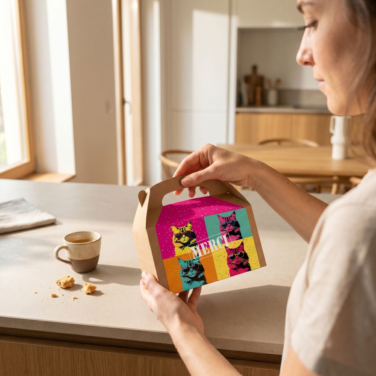 Boîte cadeau Merci avec des chats pop art