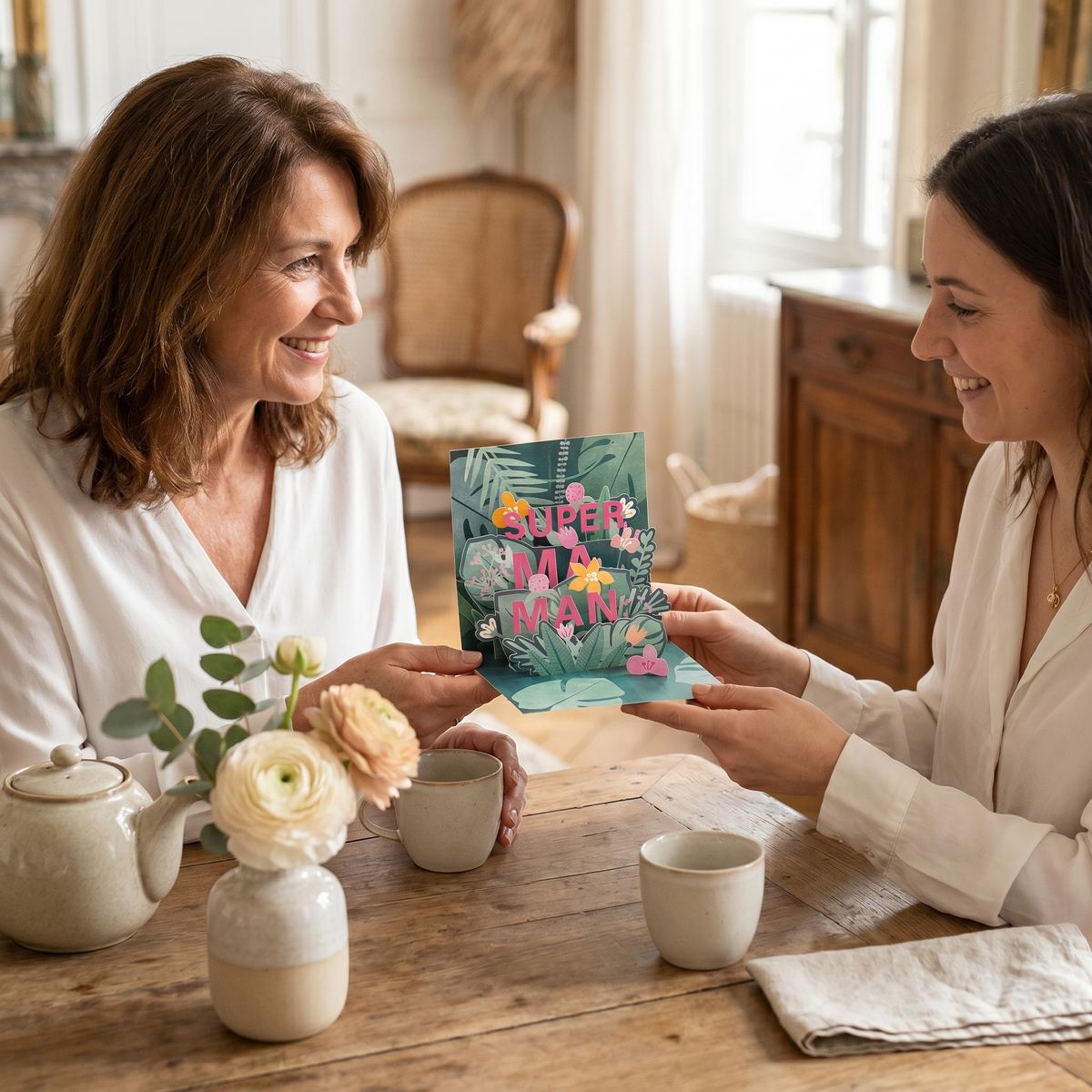 Une fille offre à sa mère une carte pop-up Super Maman