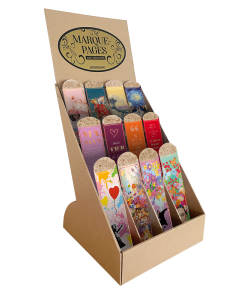 Présentoir MARQUE-PAGES avec déco bois 12 modèles par 12 assortiment inclus